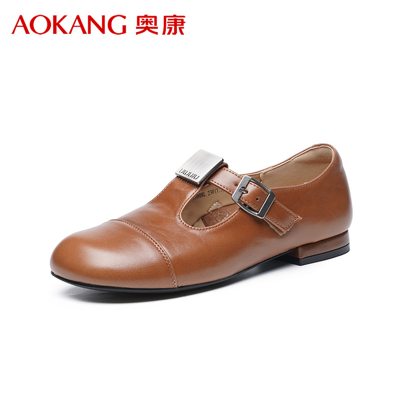 奥康女鞋2025新款复古风牛皮休闲单鞋丁字带玛丽珍鞋皮鞋女士乐福鞋