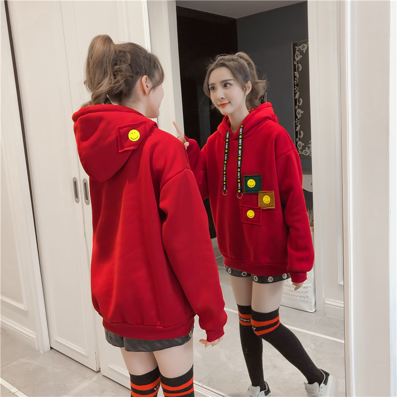 连帽ins笑脸卫衣女加绒加厚韩版潮宽松学生秋装bf风套头冬季上衣