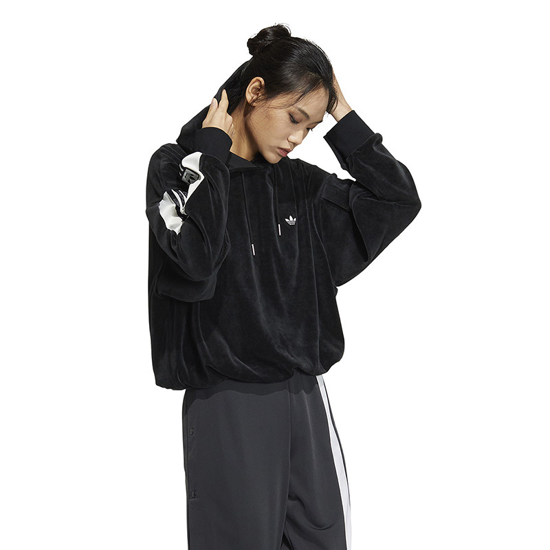adidas originals FW22 条纹Logo印花图案圆领连帽长袖卫衣 女款 黑色 IC8140