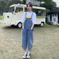 特大码300斤胖mm牛仔背带裤短T两件套女韩版宽松减龄九分阔腿裤24 短袖T桖 L 建议120斤以内