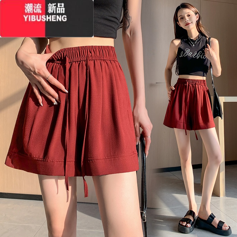 YIBUSHENG大码红色冰丝运动短裤女季薄款胖mm宽松显瘦五分a字阔腿休闲裤高清大图