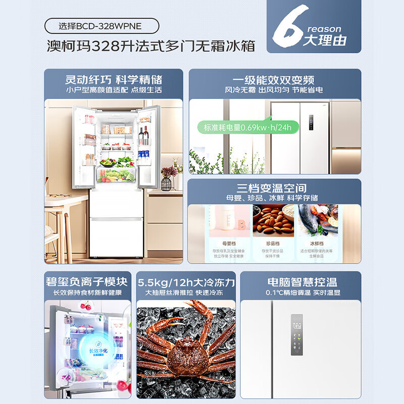 澳柯玛328升冰箱家用租房用法式冰箱四开门无霜冰箱一级能效双变频小冰箱 BCD-328WPNE 灰色