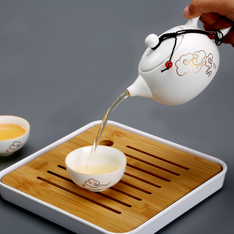 常生源 旅行茶具套装 便携陶瓷功夫茶具 办公室 一壶四杯 带茶盘茶叶罐茶夹茶巾 手提包 祥云如意套组高清大图