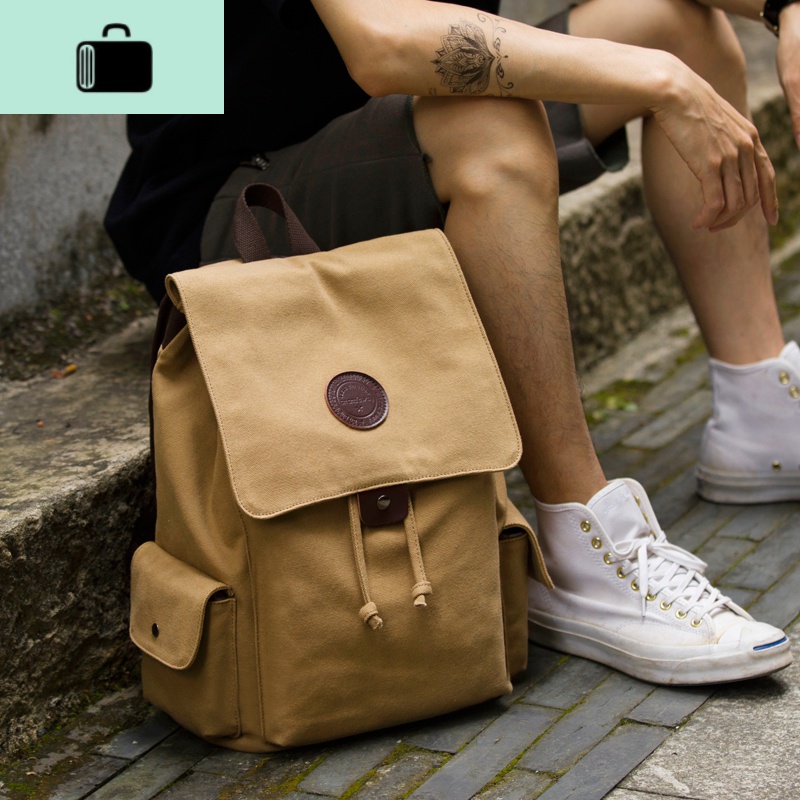 复古休闲帆布男士双肩包时尚潮流背包大容量旅行电脑包学生书包男NEW LAKE 蓝黑色高清大图