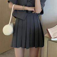 [两件套装]夏季学院风宽松显瘦气质短袖西装外套+高腰百褶短裙 灰色半身裙 S