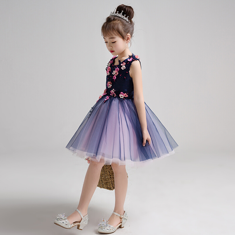 儿童公主裙走秀礼服女童小主持人模特演出服花童婚纱女宝宝蓬蓬裙藏青