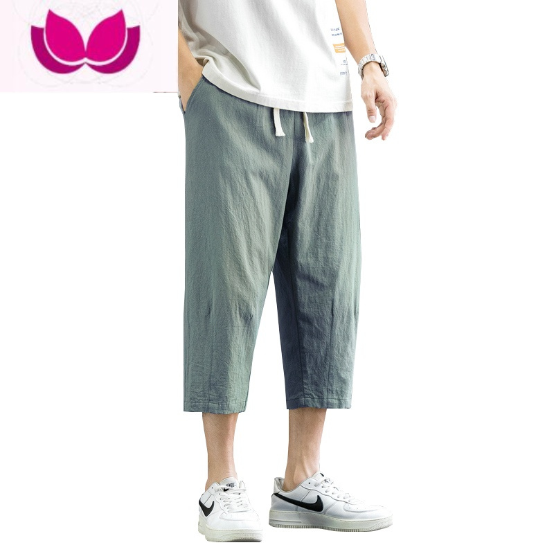 七斓棉麻七分裤子男夏季薄款冰丝宽松直筒速干运动短裤亚麻休闲五分裤
