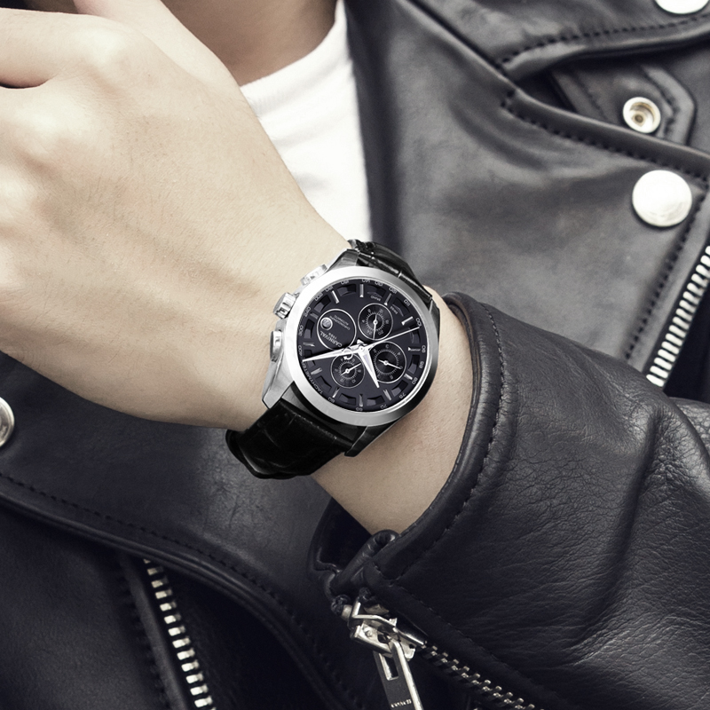 嘉年华CARNIVAL手表男士新自动机械表 男表多功能手表金属精钢带真皮带帅气休闲时尚潮流腕表夜光大表盘复古设计8659高清大图