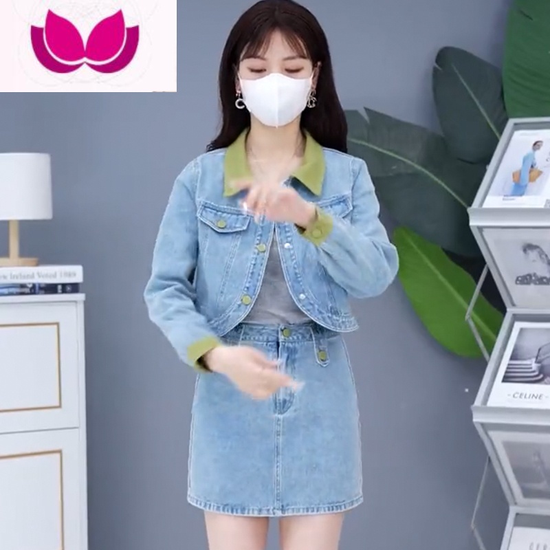 七斓时尚牛仔短裙套装女春2023新款小个子洋气牛仔短外套包臀短新 M80-96斤 牛仔蓝色送皮带/长袖/两件套