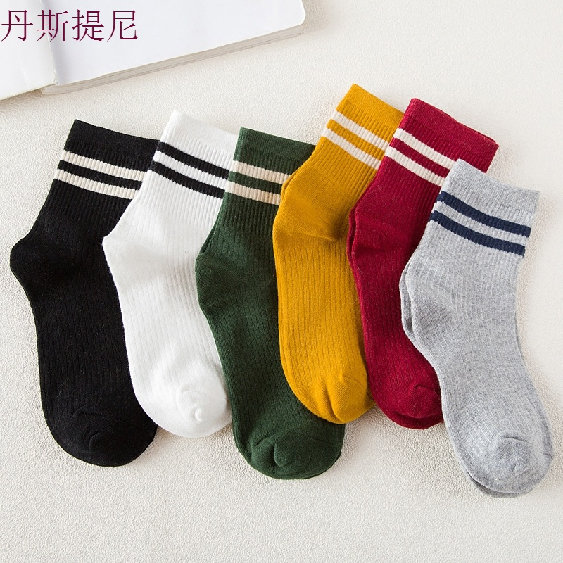 韩版黑白条纹学院风二杠女袜棉袜中筒棒球袜条纹潮袜百搭运动防臭