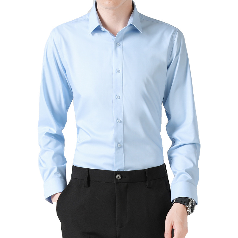 啄木鸟纯色长袖衬衫男春夏季薄款潮流修身大码上班职业装商务正装高清大图