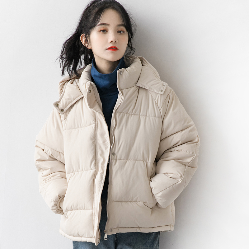 fish basket2020冬季新款米白色短款棉服女加厚百搭连帽小个子棉衣