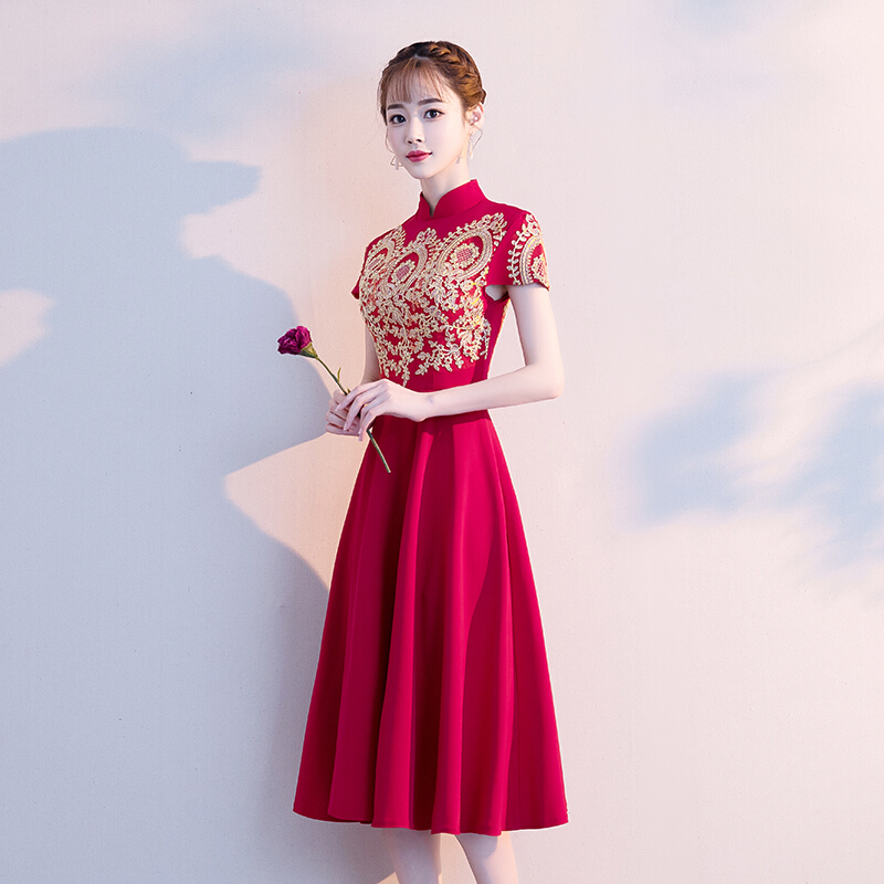 中式敬酒服新娘旗袍2018新款夏季中长款红色结婚礼服回服显瘦女