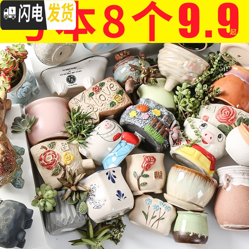三维工匠多肉花盆陶瓷透气大口径家用创意粗陶肉肉植物小盆器 动物大口径随机(4个) 小花盆容器
