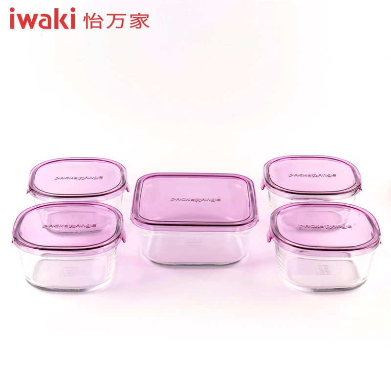 [百年品牌精致生活,高端耐热玻璃保鲜盒]CAPRN-5V1C怡万家iwaki耐热玻璃PACK&RANGE保鲜盒马卡龙5件