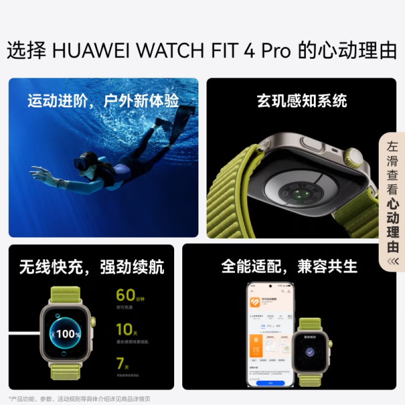 华为/HUAWEI WATCH FIT 4 Pro 原野绿 原野绿氟橡胶表 华为智能手表钛金属蓝宝石玻璃大屏蓝牙通话高清大图