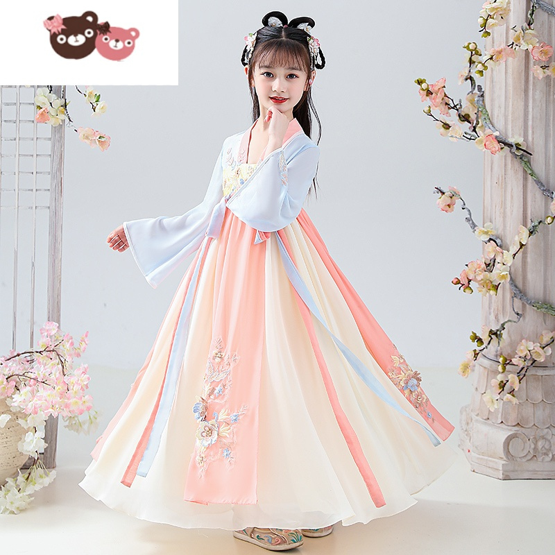 绿彩虹光女童古装汉服裙子夏装新款儿童中国风唐装襦裙女孩超仙雪纺