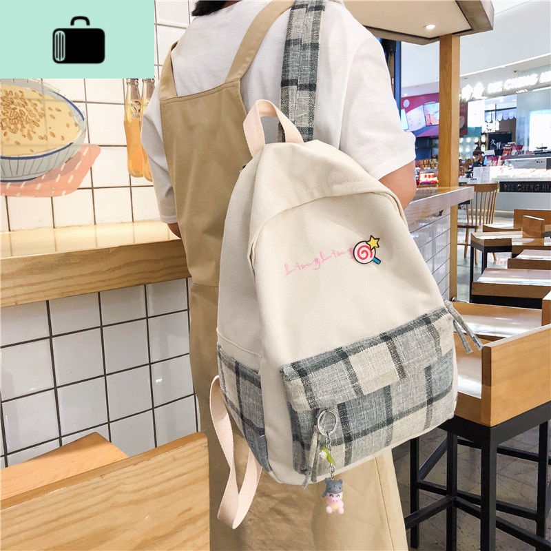 古着感少女书包女韩版高中ins风大学生校园背包格子双肩包女森系NEW LAKE高清大图