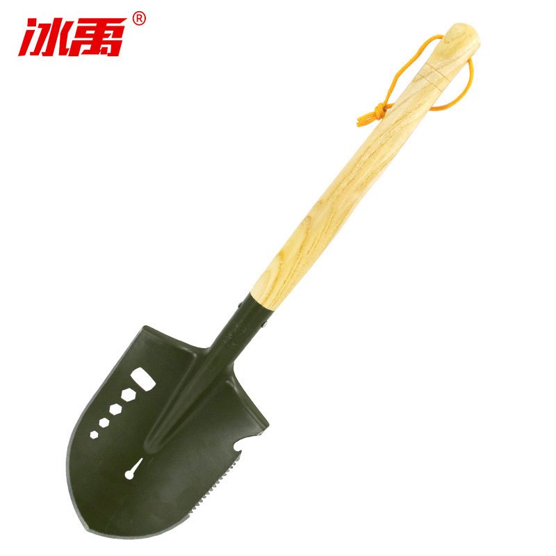 冰禹 BY-348 多功能铲 （1个）小铁锹清洁铁锹经典短柄锹 便携铲 军锹铲土锹铲军 绿色带齿铁锹