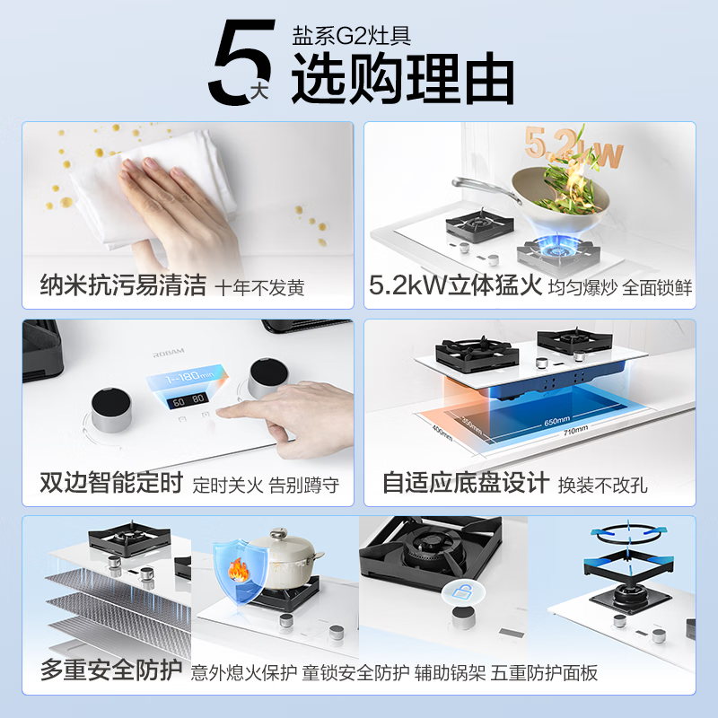 老板(Robam)5.2kW定时灶+纳米抗污易清洁燃气灶盐系G2 双边定时JZT-57BA-G2高清大图