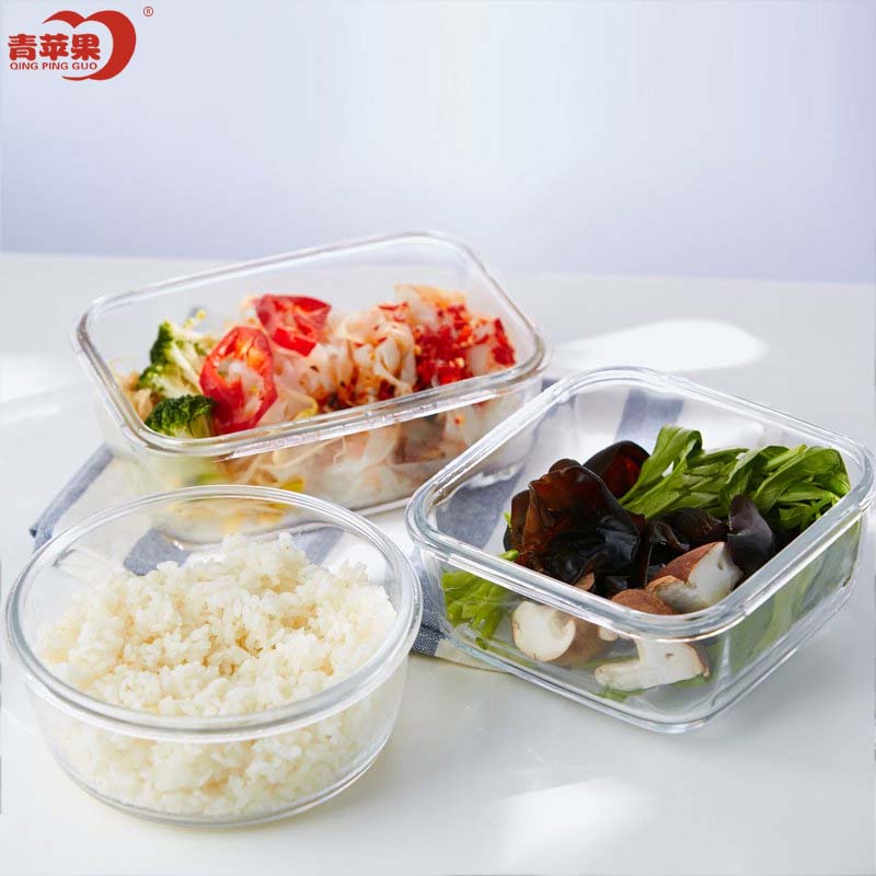 青苹果上班族玻璃饭盒微波炉加热专用保鲜盒钢化玻璃便当带盖餐碗套装