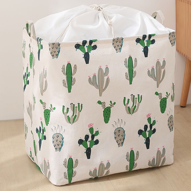 收纳筐布艺束口收纳盒整理箱衣物袋子|棉麻绿色仙人掌 巨无霸/束口方桶75L(42*32*55cm)
