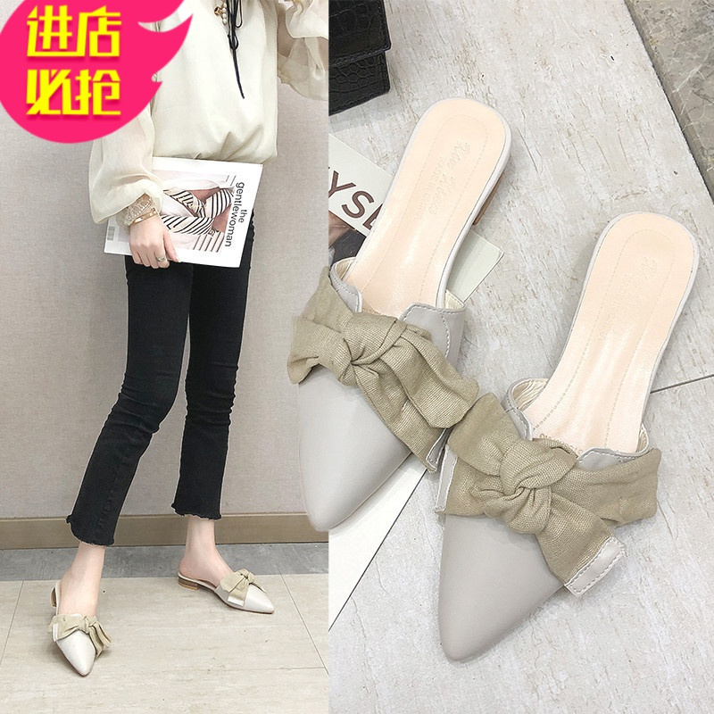 金三志2020新款包头韩版半拖鞋尖头平底凉拖女春秋外穿蝴蝶结懒人穆勒鞋休闲鞋
