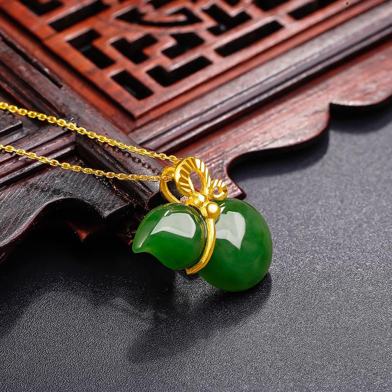 周六福金镶玉吊坠女士款黄金碧玉葫芦福禄和田玉玉坠官方正品玉石挂坠