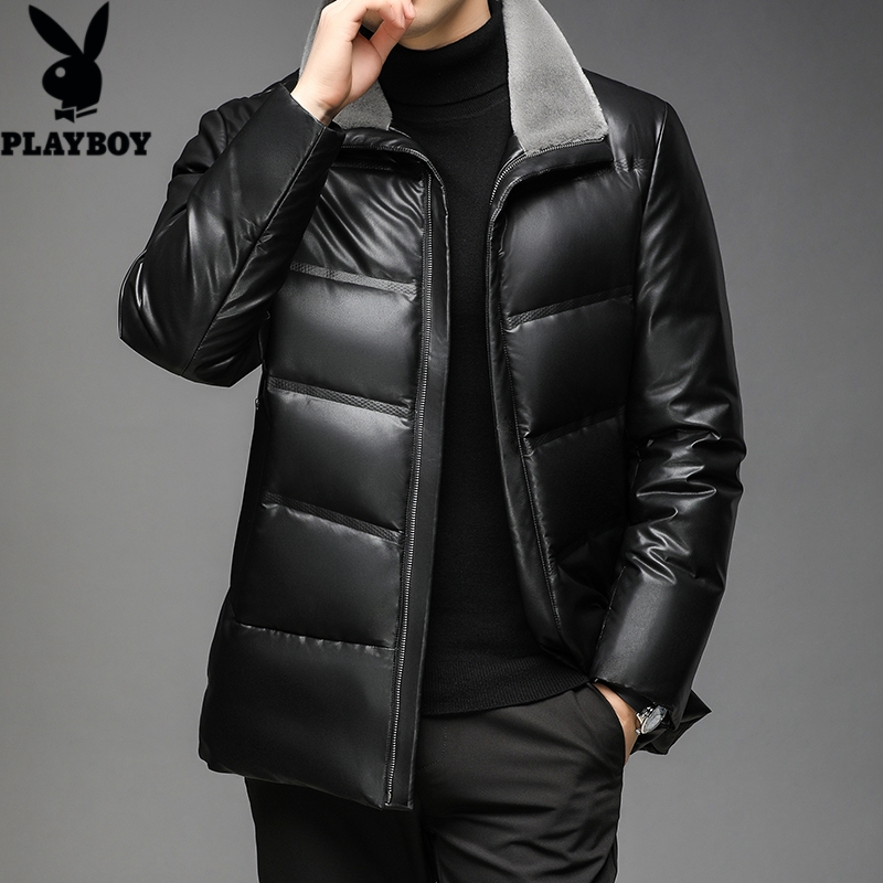 花花公子(playboy)男士羽绒服短款休闲百搭大码修身带毛立领外套2021