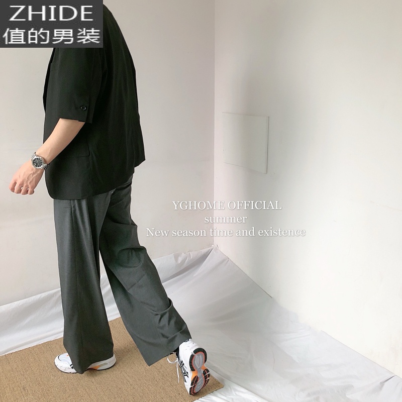SUNTEKyghome坠感阔腿裤男直筒宽松韩版休闲冰丝薄款西裤港风百搭拖地裤西裤高清大图