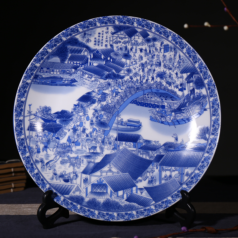 景德镇陶瓷器 青花牡丹瓷盘子摆件 瓷盘看盘装饰工艺品 陶瓷盘画 三维工匠 清明上河图