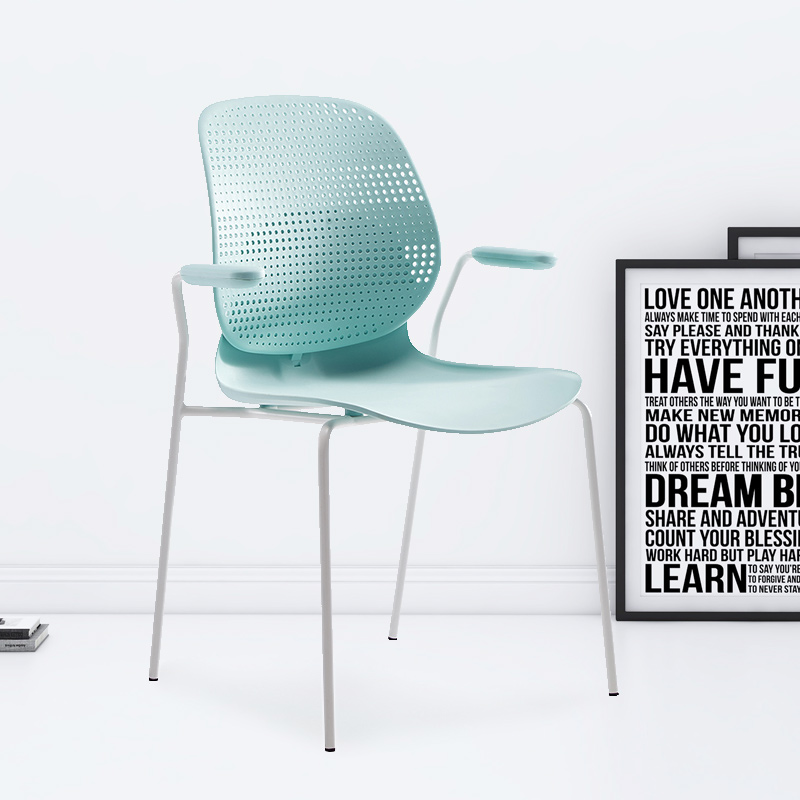 臻远ZY-7837 简约休闲办公椅轻奢铁艺靠背椅 绿背绿座扶手款高清大图