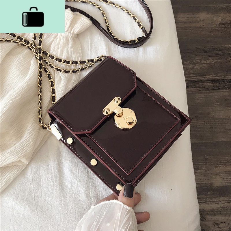 ins超火漆皮亮面包包女2020新款韩版时尚百搭链条单肩斜挎水桶包NEWLAKE高清大图