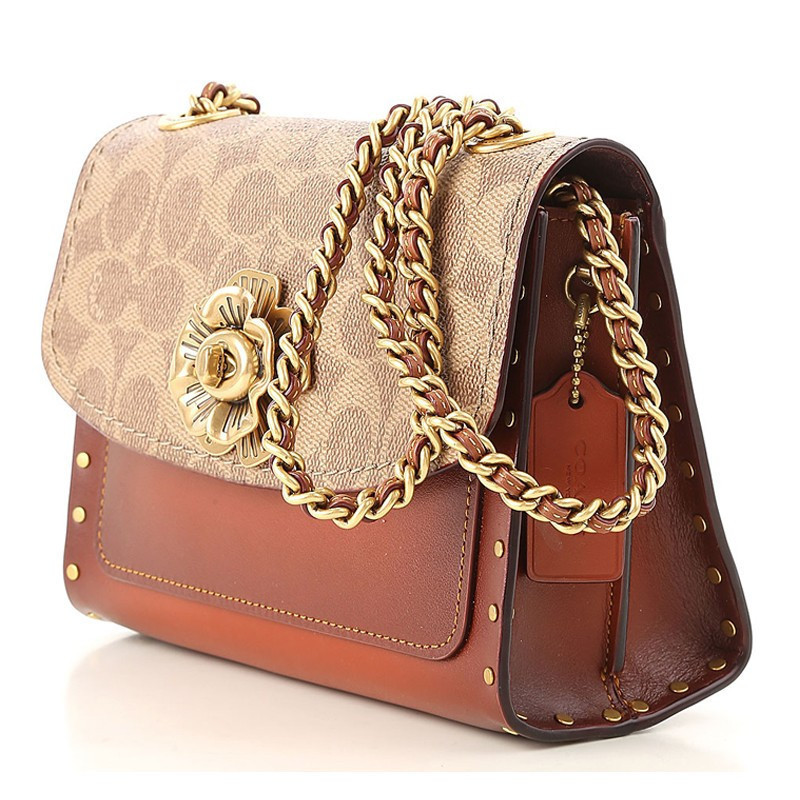 coach蔻驰新款30592棕色链条包优雅贴花铆钉茶玫瑰旋转扣翻盖式单肩包