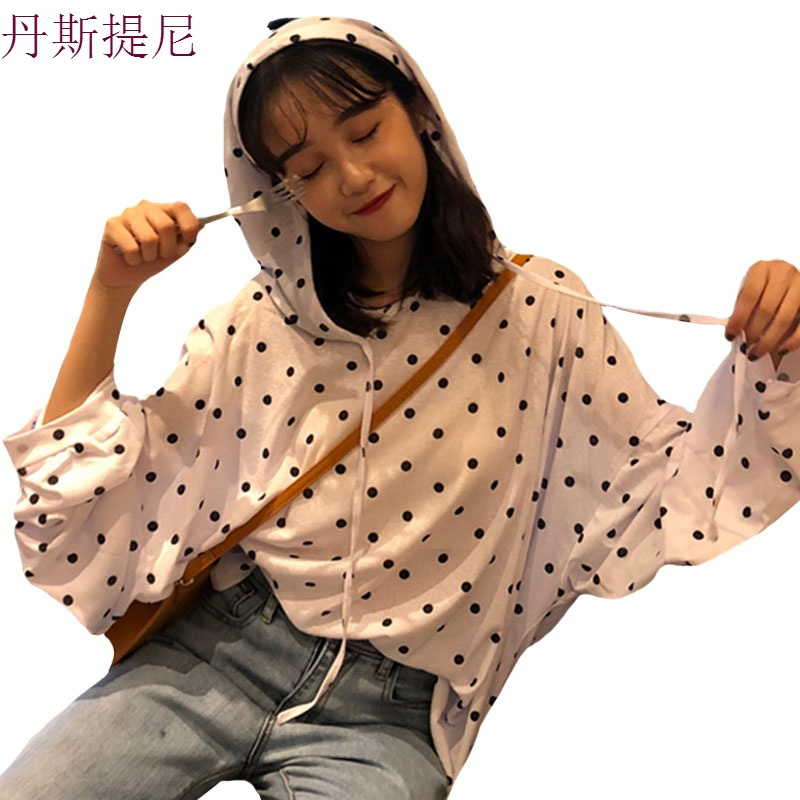 秋装女装韩版休闲宽松波点连帽薄款套头卫衣中长款长袖上衣外套潮