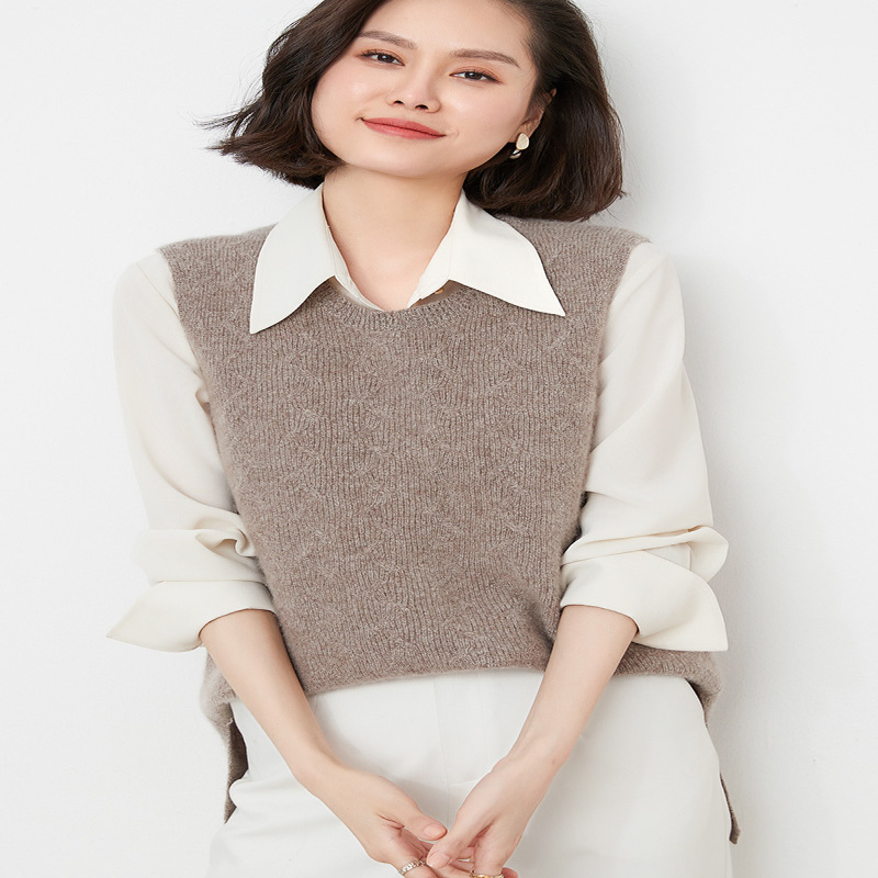 圆领短款马甲背心100纯羊毛衫女士秋冬新款套头羊绒毛衣无袖坎肩