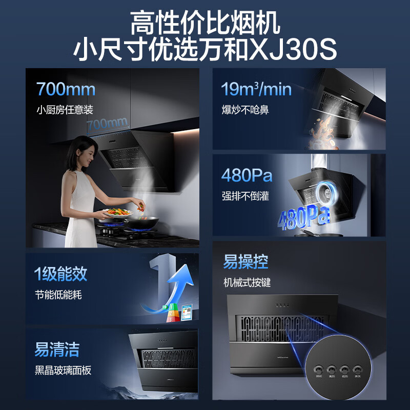 万和(Vanward)[小户型侧吸XJ30S]升级19风量家用厨房大吸力抽排油烟机700mm小机身上门安装小厨房出租屋高清大图