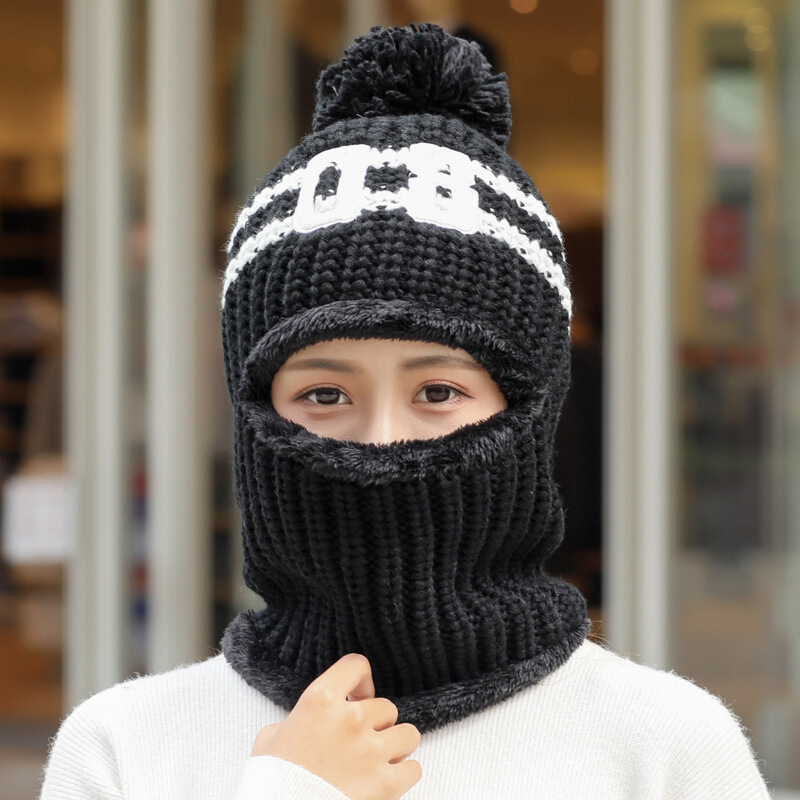 迪鲁奥(DILUAO)时尚保暖毛线帽子男女冬天套头帽保暖蒙面骑车防风寒东北帽围巾围脖一体帽新款帽子 带帽檐黑色 均码男女