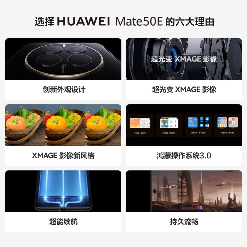 华为/HUAWEI Mate 50E 256G 曜金黑 超光变XMAGE影像 鸿蒙操作系统3.0 超能续航 直屏旗舰 中轴对称 持久流畅 移动联通电信全网通手机(含66W快充套装)