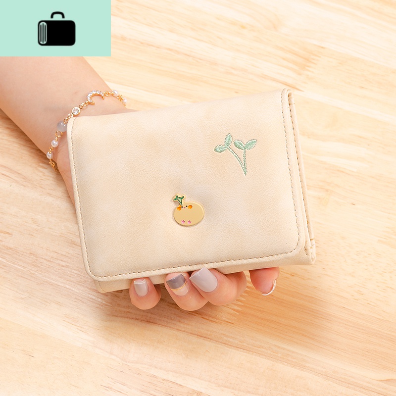 钱包女长款2020新款韩版潮可爱时尚简约小清新学生折叠个性钱夹NEW LAKE 黄色短款-卡通绣花