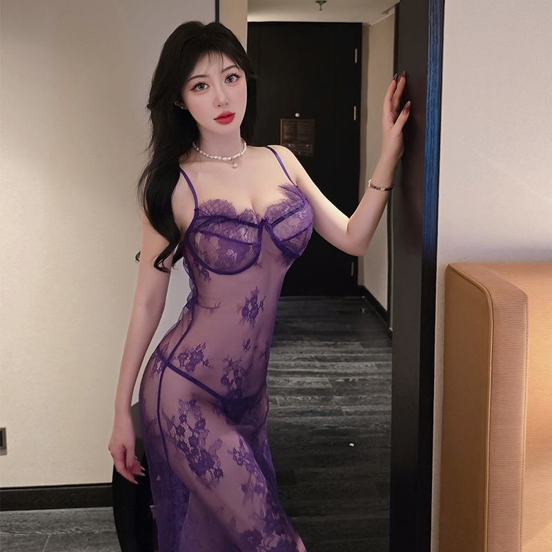 长夜漫漫情趣内衣性感床上挑逗紫色吊带睡衣外贸蕾丝开叉长裙2130高清大图