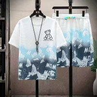 夏季薄款运动套装男士数码印花熊休闲短袖短裤两件套 L 【整套】小熊（蓝）