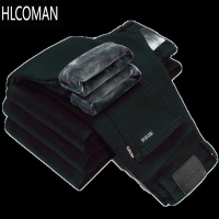 HLCOMAN纯黑色弹力加绒牛仔裤男士直筒小脚加厚青年修身p暖男裤子