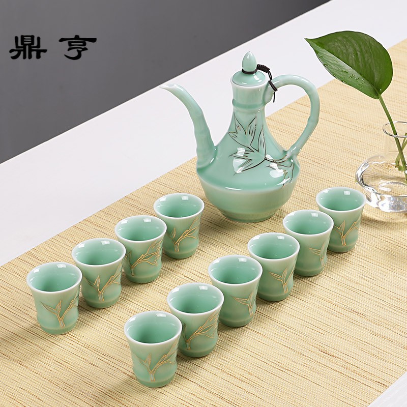 鼎亨陶瓷酒具套装 青瓷白酒杯分酒器温酒器烈酒杯 复古温酒壶中式