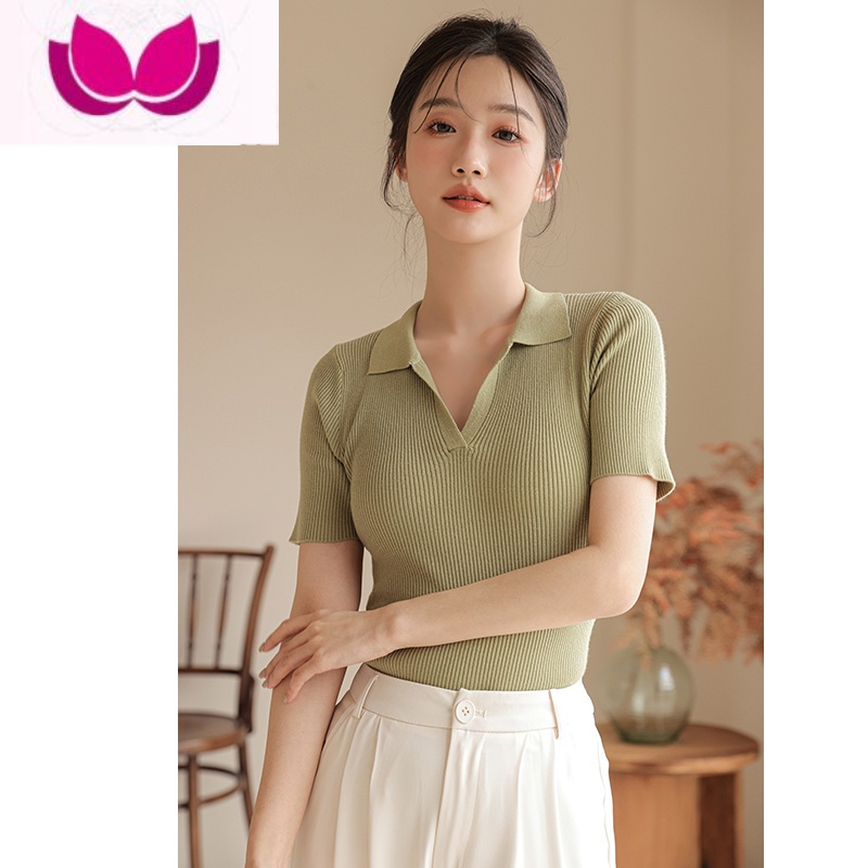 七斓polo领短袖T恤女2023v领设计感小众白色针织衫上衣修身打底衫