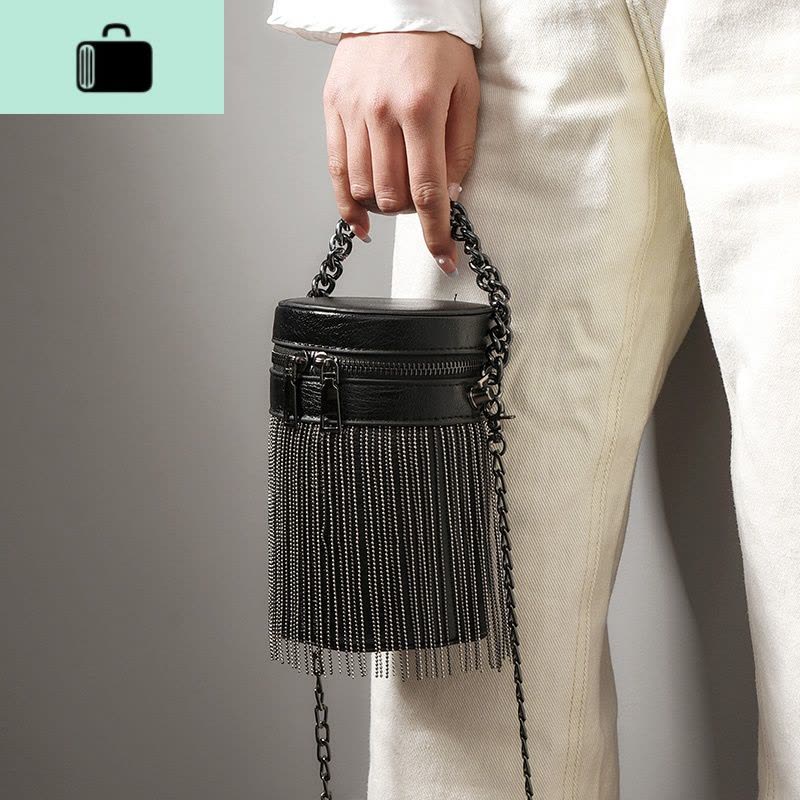 迷你流苏圆筒女包2020新款小众百搭单肩包斜挎包时尚手提水桶包潮NEW LAKE 黑色女士单肩包图片