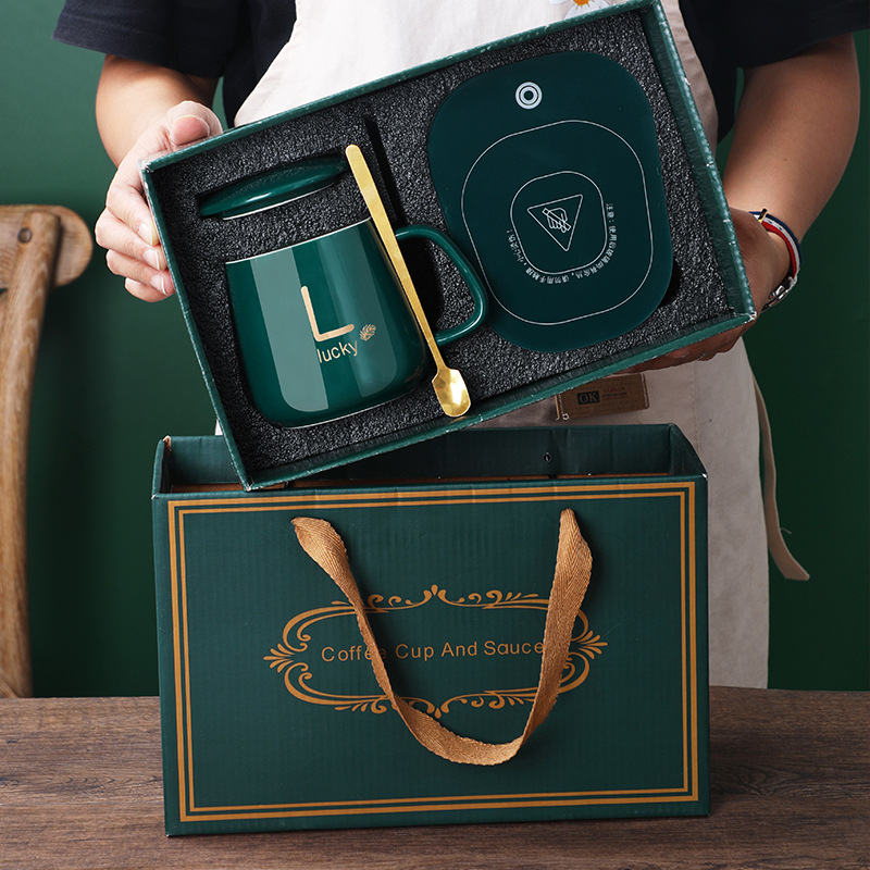 55度恒温杯保温陶瓷马克杯暖暖杯礼盒套装伴手礼 绿/粉/橙/白