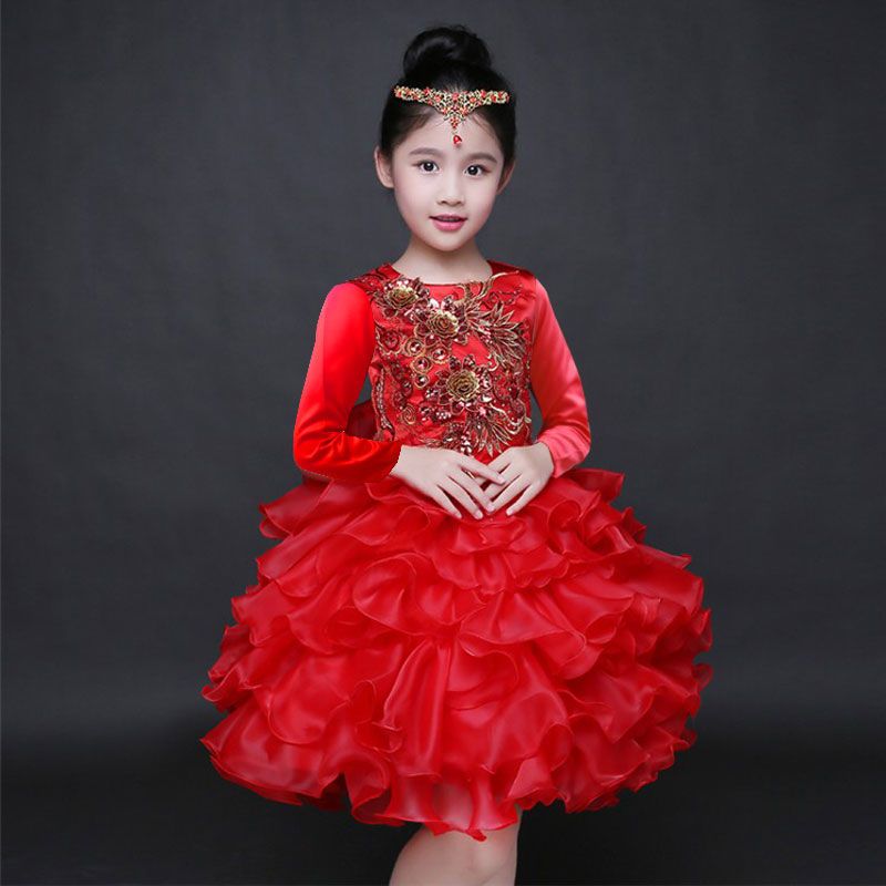 公主裙钢琴演出服儿童舞蹈蓬蓬裙儿童婚纱花童晚礼服大红色长袖100