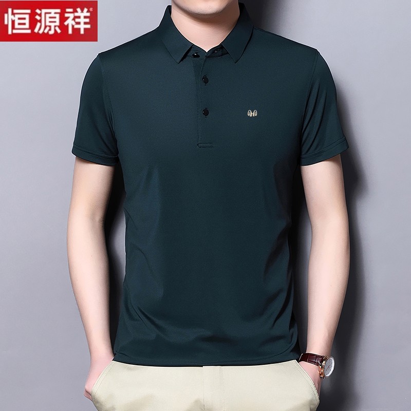 恒源祥夏季中年男士短袖T恤翻领丝光棉POLO衫宽松半袖冰丝男上衣高清大图