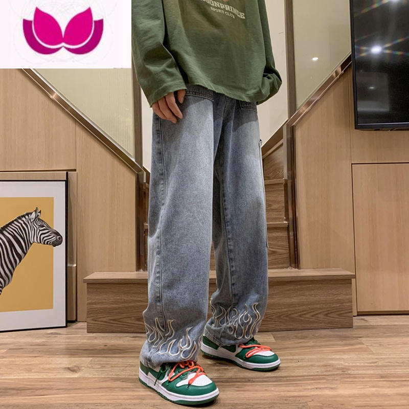 七斓美式街头牛仔裤男设计感火焰刺绣直筒休闲裤潮牌宽松阔腿长裤